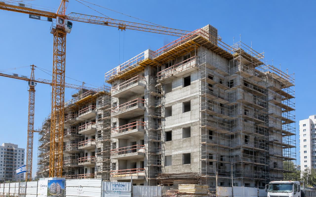 בניין מגורים חדש בשלבי בנייה עם פיגומים ועגורנים