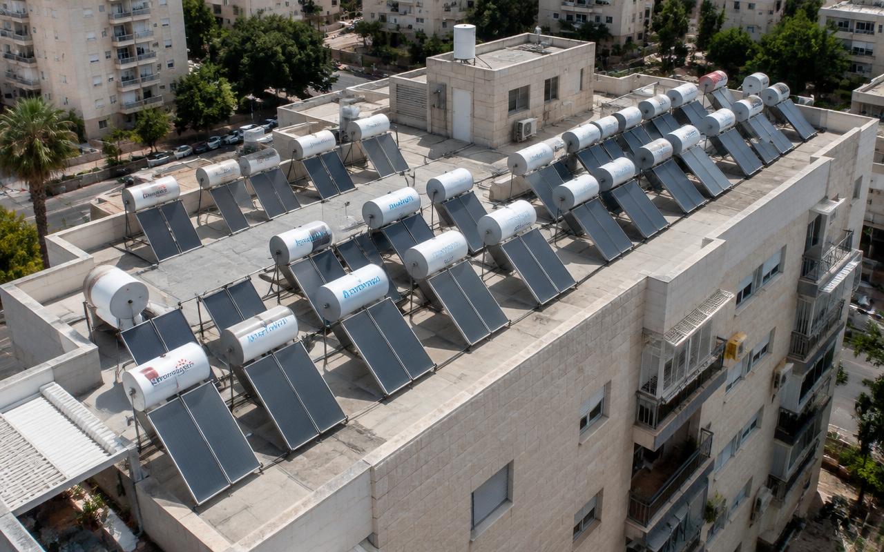 גג בניין משותף עם שורות של דודי שמש וקולטים